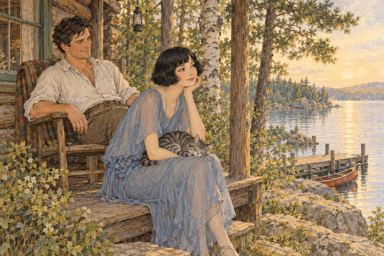 Valancy and Barney Snaith Redfern on their porch in Muskoka