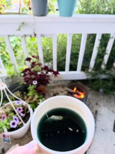 tea and a small fire on the porch