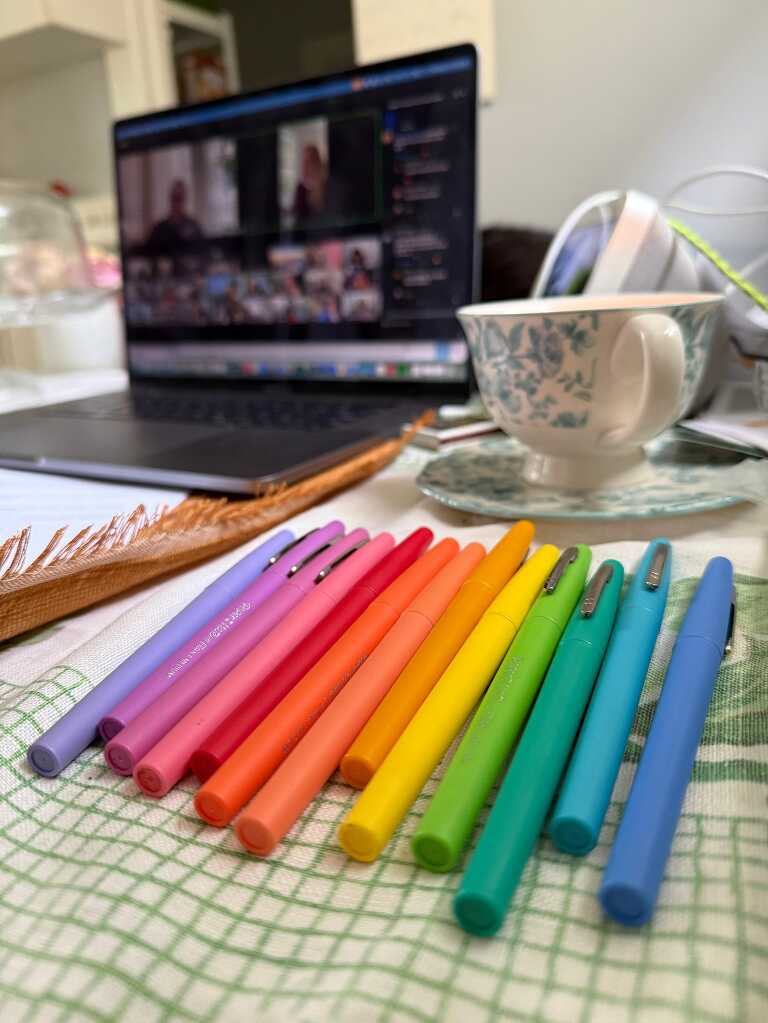 rainbow ordered flair pens and a laptop Zoom call